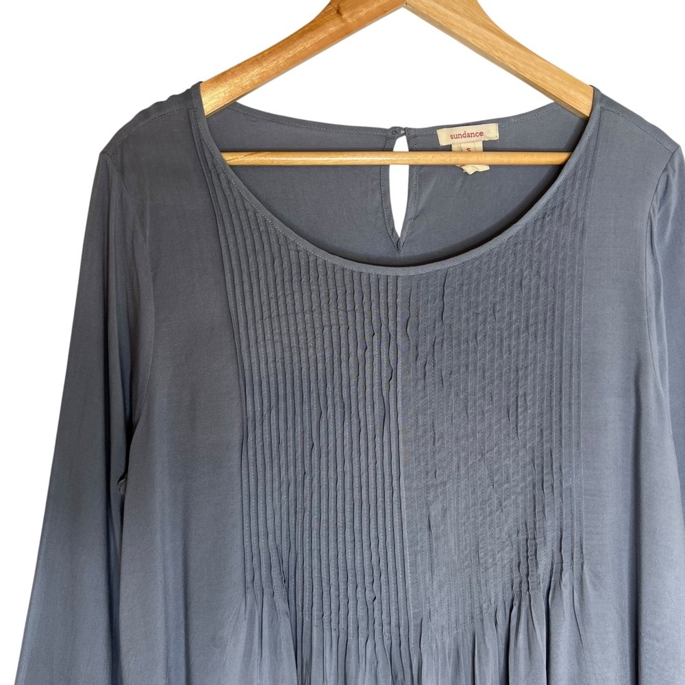 Sundance Catalog Pintuck Ling Sleeve Tunic Blouse Crochet Sleeve Dusty Blue SZ S - Picture 3 of 9